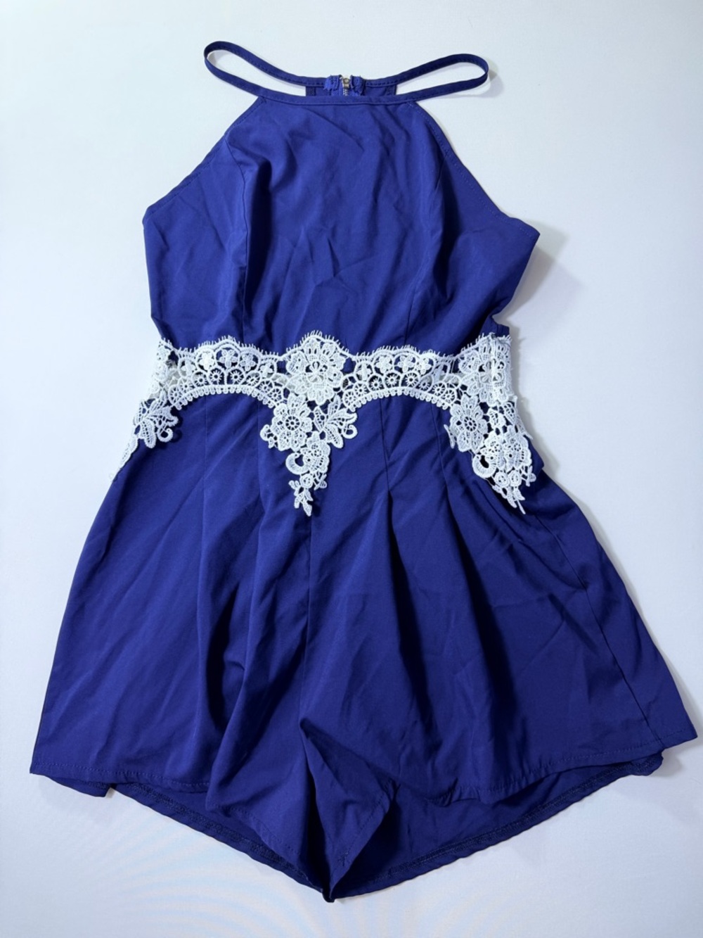 Royal Blue Halter Romper with White Lace Peek A Boo Waist Size Medium